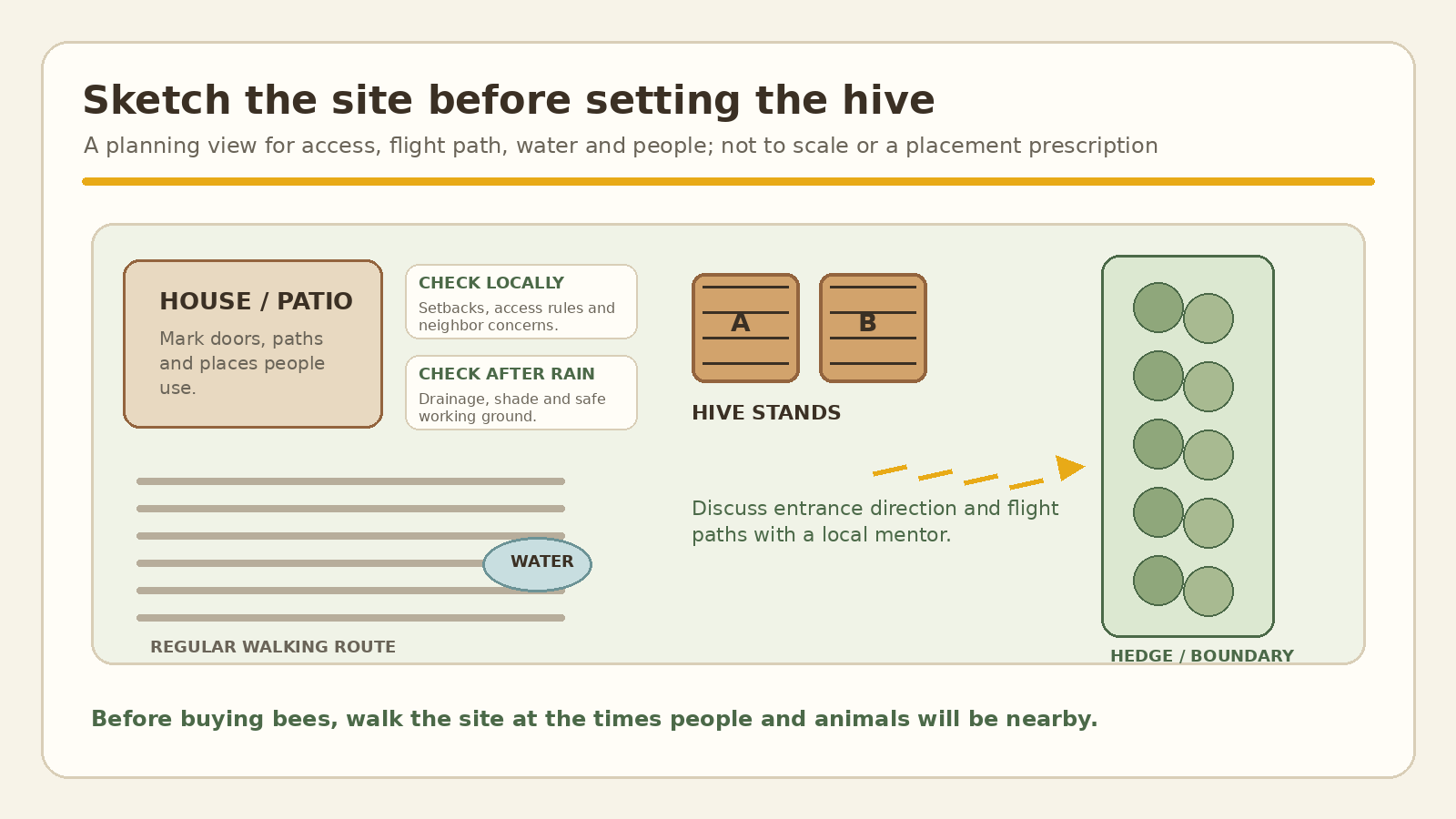 How to start beekeeping: a planning diagram of a backyard apiary with the house and paths, hive stands, water, a hedge and flight corridor.