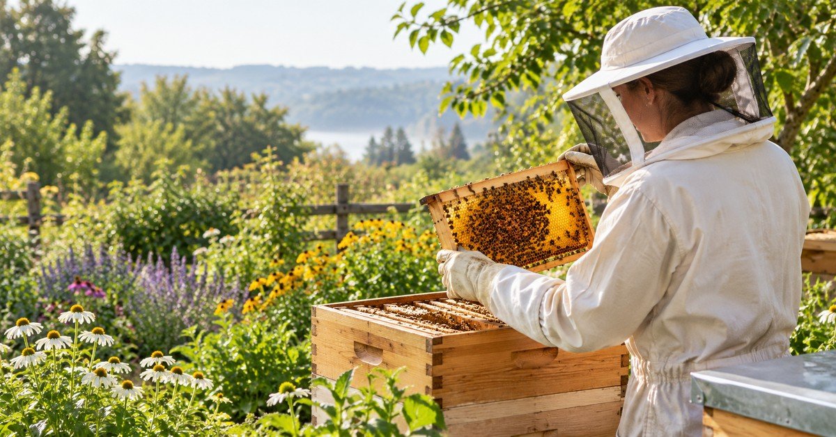 Veiled beginner beekeeper inspecting a honey bee frame beside a hive in a flowering garden.